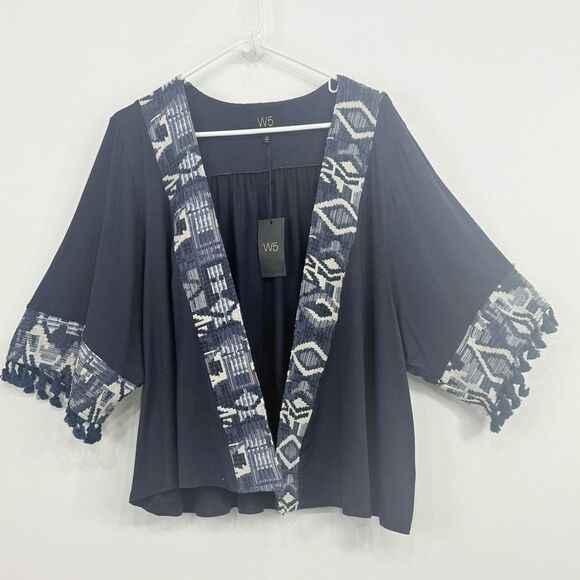 W5 Navy Blue White Tribal Trim Fringe Cuff Jersey Knit Cardigan NEW - Picture 3 of 13